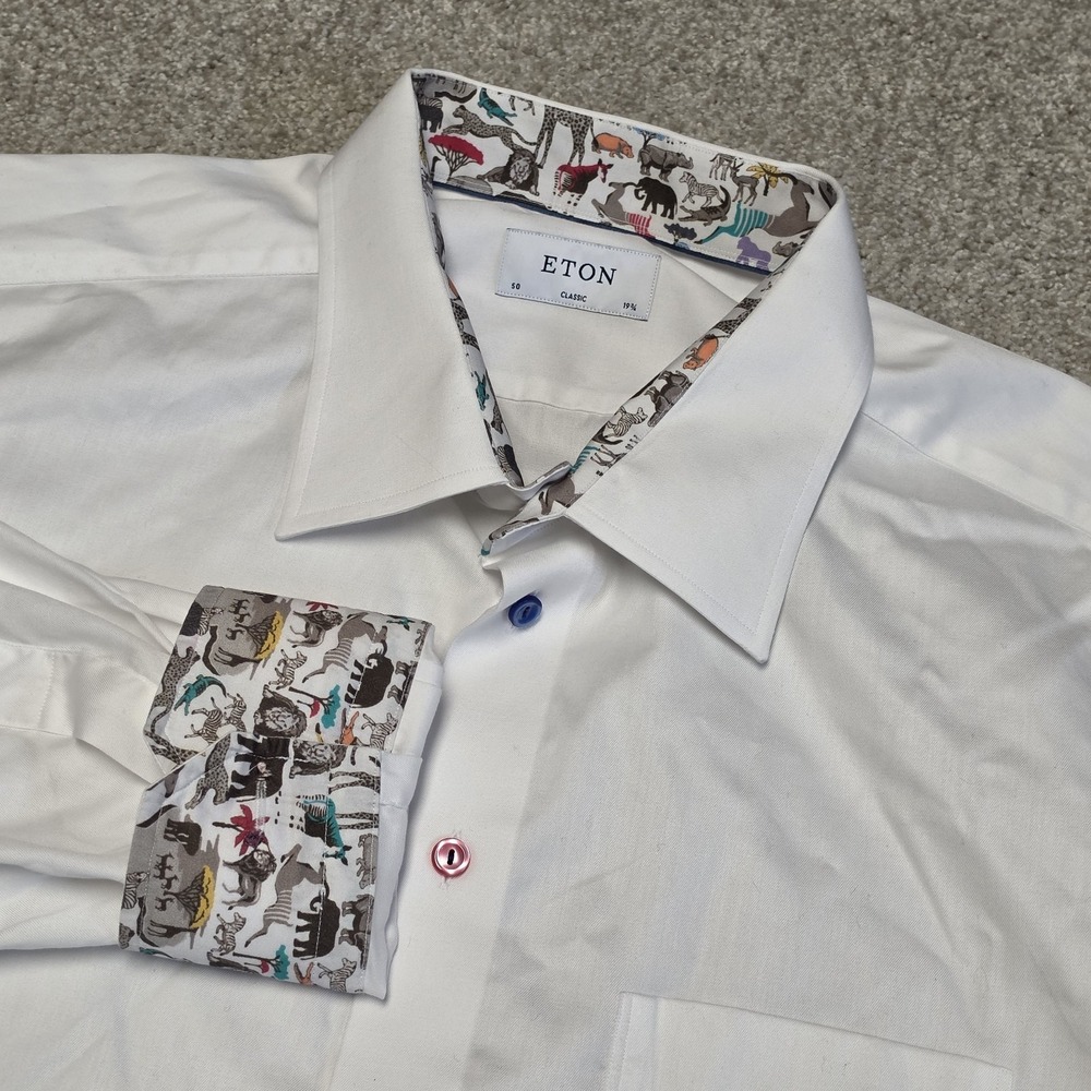 Eton White Dress Shirt Mens 19 3/4 Luxury Cotton Zoo Animal Print Trim Flip Cuff